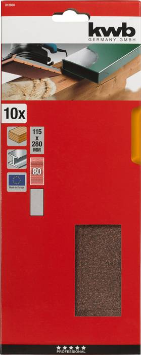 Verpackung von Schleifpapier mit 10 Blättern, Größe 115 x 280 mm, Körnung 80. Enthält Abbildung eines Schleifers im Einsatz auf Holz.