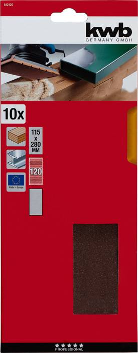 Verpackung einer Schleifpapierpackung der Marke 'kwb Germany GmbH', geeignet für Holz, Metall und Farbe. Größe: 115 x 280 mm, Körnung 120. Enthält 10 Stück.