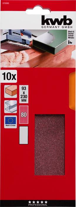 'Schleifpapier 93 x 230 mm, 10 Stück, Korn 80, für Holz geeignet, zeigt Abbildung einer Schleifmaschine auf roter Verpackung.'