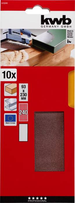 Packung mit Schleifpapier von KWB, 10 Stück, 93x230mm, Körnung 240, für Schwingschleifer, geeignet für Holzoberflächen.