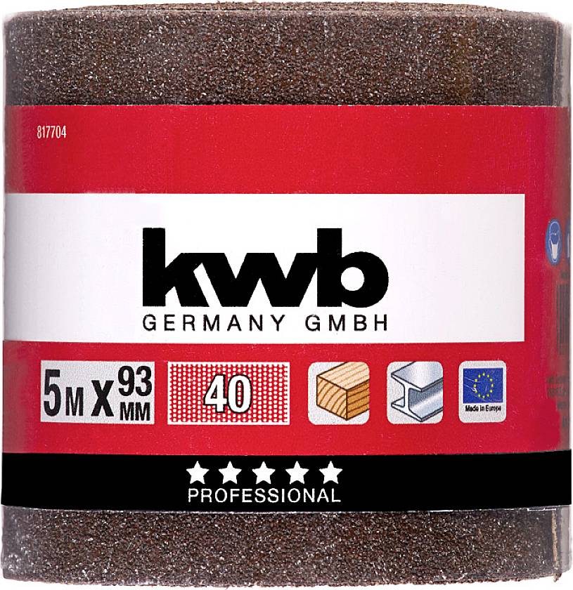 'Kwb Germany GmbH' Schleifpapierrolle, 5 m x 93 mm, Körnung 40, geeignet für Holz und Metall, rote Verpackung mit EU-Logo.