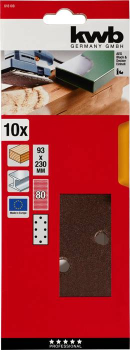 Verpackung mit Schleifpapieraufsätzen der Marke 'kwb GERMANY GmbH', geeignet für eine Stichsäge, Maße 93 x 230 mm, 10 Stück.