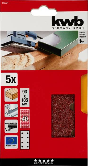 Schleifpapier-Set, 5 Stück, Größe 93 x 185 mm, für Holz und Metall, mit Klettverschluss, hergestellt in Europa.
