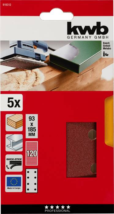 'kwb Germany GmbH' Schleifpapierverpackung, enthält fünf Blätter, Maße 93 x 185 mm, geeignet für Holz, Abbildung mit Schleifer.