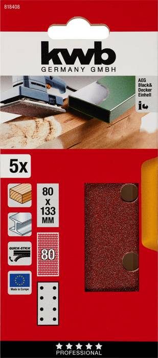 Verpackung für Schleifblätter: Marke 'kwb', Maße 80 x 133 mm, geeignet für Handpads. Bild eines Schleifblocks in Aktion.