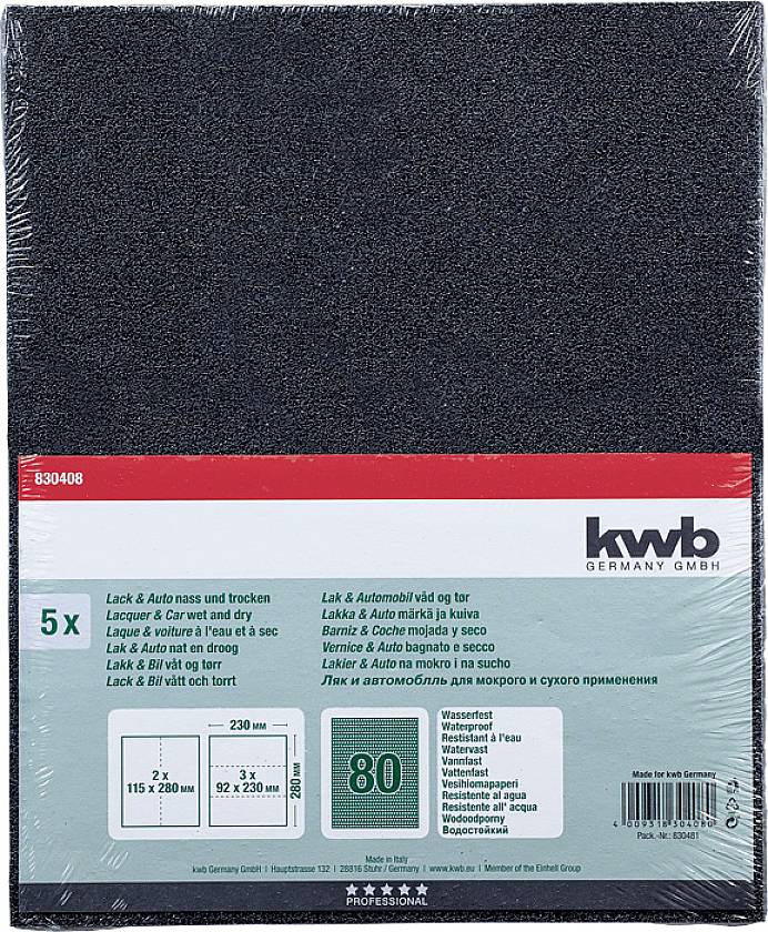 'Schleifpapier-Packung mit 5 Bögen, 230 mm x 280 mm, Körnung 80, für den Nass- und Trockengebrauch. Hersteller: kwb Germany GmbH.'
