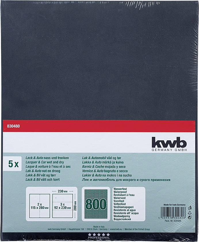 'kwb Germany GmbH' Schleifpapier, 5 Stück. Wasserfest, 230 mm x 280 mm, Korn 800. Für Lack, Auto nass und trocken.