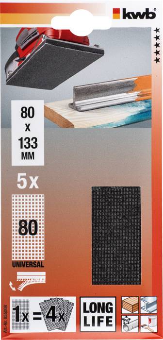 Schleifpapier-Verpackung zeigt eine Schleifmaschine, Produktdetails '80 x 133 mm', '5x', '80 UNIVERSAL', Bild von Schleifblättern.