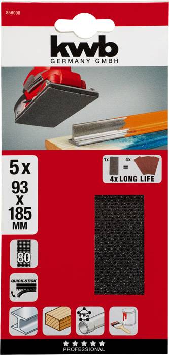 'Verpackung von Schleifblättern der Marke kwb, Größe 93 x 185 mm, 5 Stück. Geeignet für Holz, Metall und Kunststoff, mit Schnellklett.'