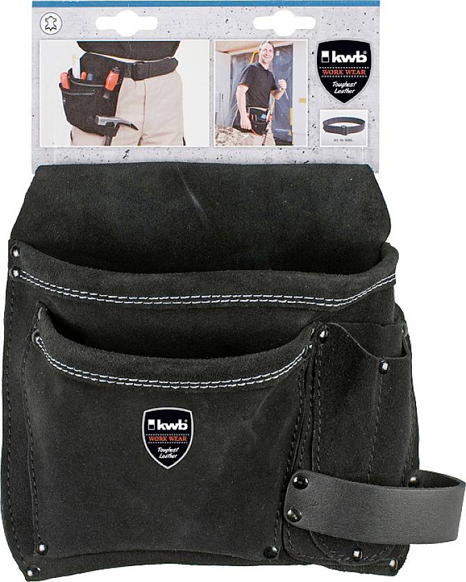 Schwarze Werkzeugtasche aus Leder mit mehreren Fächern und Schlaufen, etikettiert mit 'kwb WORK WEAR'.