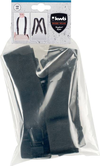 Eine durchsichtige Verpackung zeigt ein schwarzes, elastisches Hosenträgerset mit Clips, geeignet für Arbeitsbekleidung.