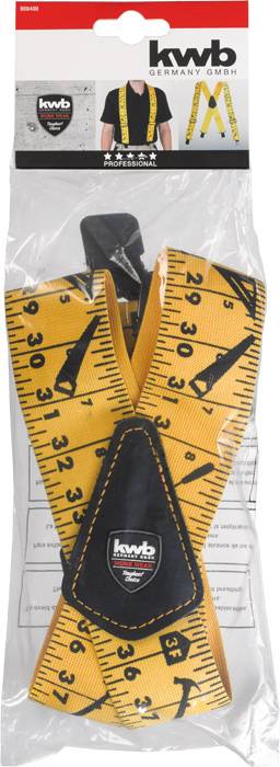 Werkzeuggürtel mit Maßband-Aufdruck in Gelb und Schwarz von 'kwb'. Verpackung zeigt Beispielanwendung und Markenlogo.