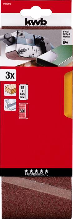 Verpackung von Schleifbändern, Marke 'kwb'. Zeigt Produktdetails: 3 Stück, Größe 75 x 475 mm, Körnung 80. Für Bosch-Maschinen geeignet.