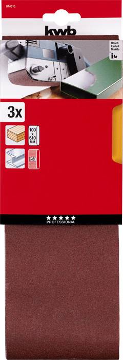 Verpackung von Schleifpapier der Marke KWB, enthält 3 Bögen, geeignet für Holz- und Metallbearbeitung, Größe 100x610 mm.