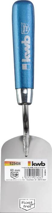 Kleine Maurerkelle mit blauem Griff und Metallklinge. Auf der Klinge sind ein Barcode, die Marke 'kwb', und 'rostfrei' abgebildet.