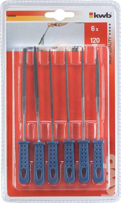 Verpackung mit sechs Metallfeilen, jede mit einem blauen Griff. Die Feilen sind für präzise Handarbeit und Detailbearbeitung geeignet.