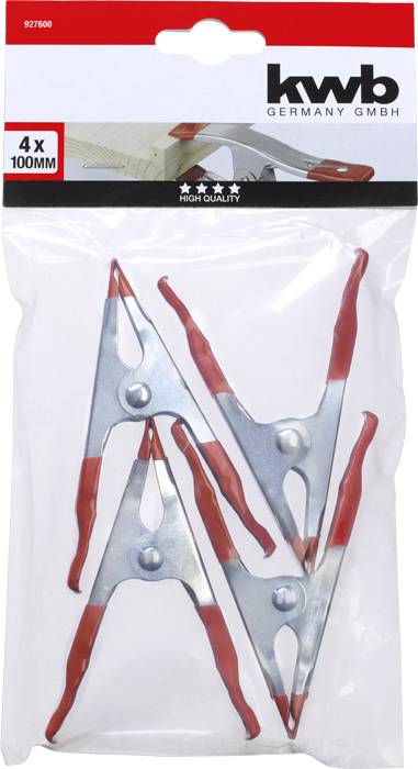 Vier rote Federzwingen mit einer Größe von 100 mm in einer transparenten Verpackung. Marke: KWB, gekennzeichnet mit 'High Quality'.