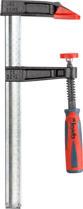 Metallzwinge mit rot-schwarzem Griff und verstellbarem Ober- und Unterteil, geeignet zum Fixieren von Werkstücken in der Holzbearbeitung.