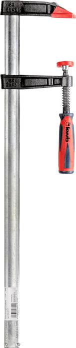 Zwinge mit langem Metallstiel und schwarzer Klemme, roter Griff mit schwarzem Text 'Polet'.