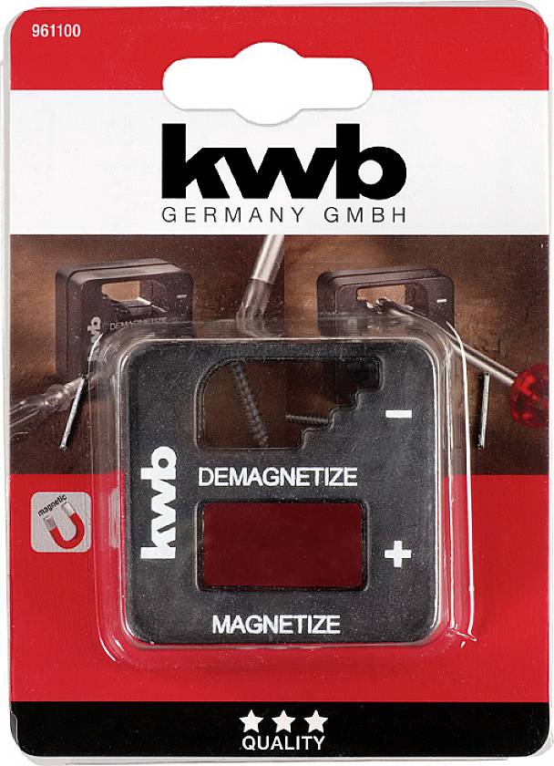 Verpackung mit einem schwarzen Magnetisierer/Demagnetisierer von 'kwb GERMANY GMBH'. Enthält die Begriffe 'Demagnetize' und 'Magnetize'.