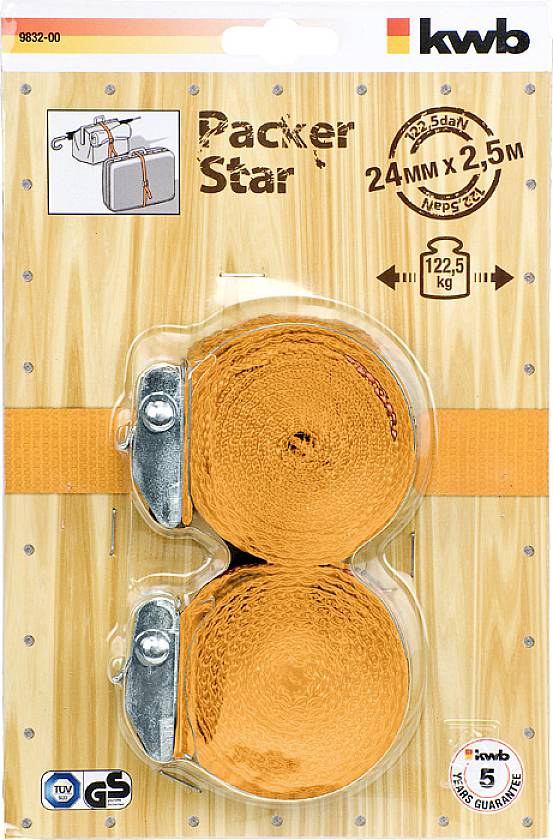 Zwei orange Zurrgurte der Marke 'Packer Star' auf einer Holzoptik-Verpackung. Länge: 2,5m, Breite: 24mm, Tragfähigkeit: 1225kg.