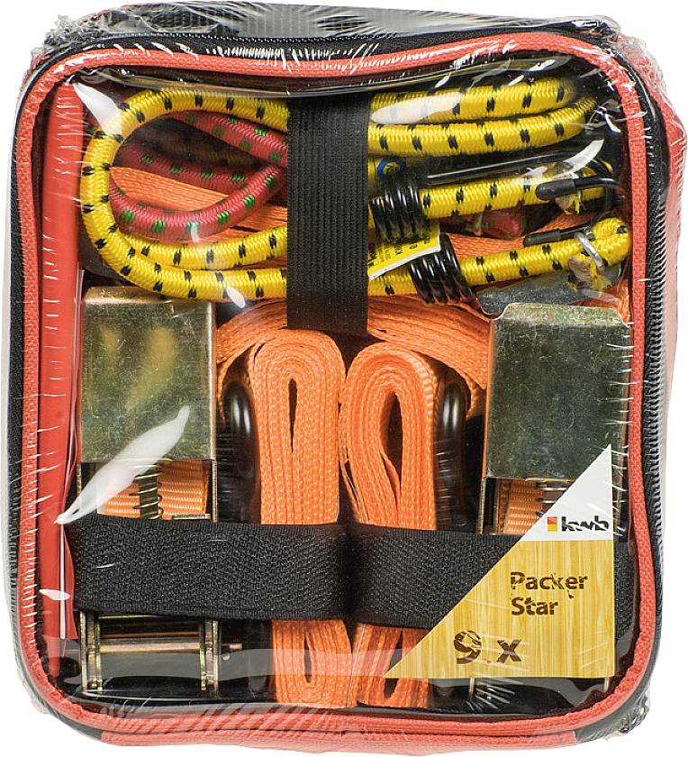 Ein Survival-Set in einer transparenten Tasche mit Spanngurten, elastischen Seilen und Klemmen. Verpackung ist mit 'Packer Star' beschriftet.