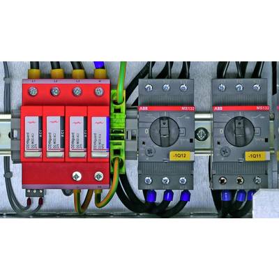 Ein elektrischer Schaltkasten mit Schaltgeräten und Sicherungen, darunter ein roter mehrpoliger Hauptschalter und zwei graue Schutzschalter.