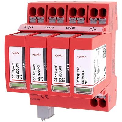 Rotes Überspannungsschutzgerät mit vier Modulen, jeweils mit Klappen und Beschriftung 'DEHNguard'. Designed für elektrische Schaltanlagen.