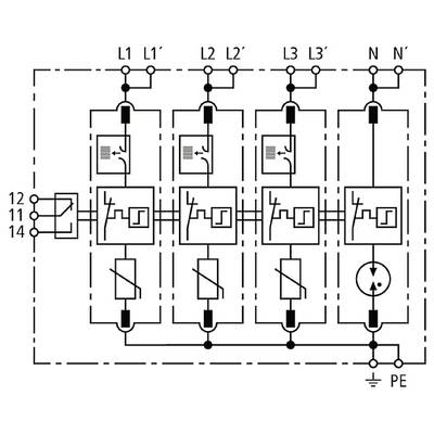 Das Diagramm zeigt eine elektrische Schaltung mit vier Leitungsschutzschaltern (L1, L2, L3, N) und einem Schutzleiter (PE).