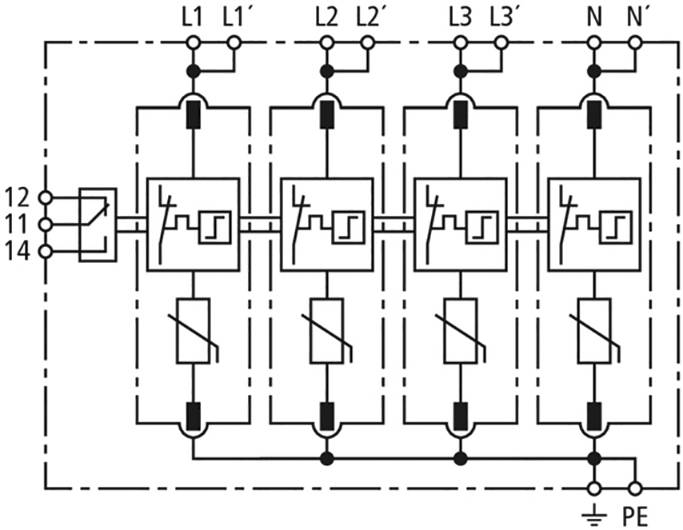 Elektrischer Schaltplan mit vier parallel geschalteten Sicherungen, gekennzeichnet als L1, L2, L3, N, und PE, die mit Schalter verbunden sind.