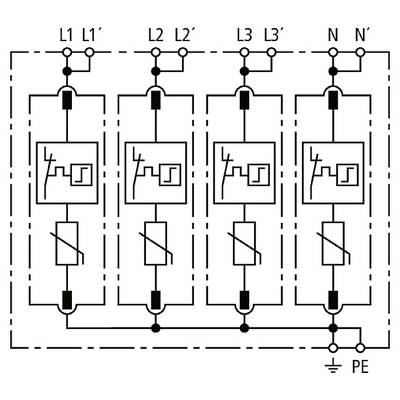 Das Bild zeigt einen elektrischen Schaltplan mit vier motorischen Schaltgeräten, die parallel verbunden sind, von 'L1' bis 'L3', mit Erdung 'PE'.