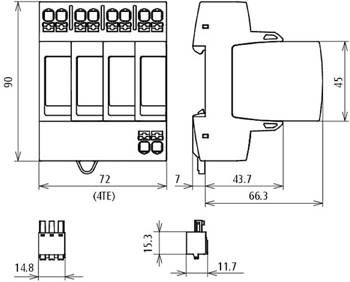 'Technische Zeichnung eines elektrischen Bauteils mit Abmessungen in Millimetern. Zeigt Frontal-, Seiten- und Aufsicht mit Details.'
