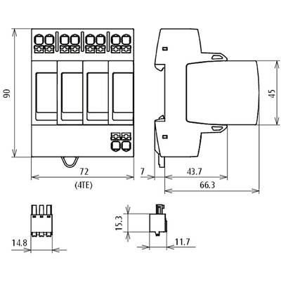 'Technische Zeichnung eines elektrischen Bauteils mit Abmessungen in Millimetern. Zeigt Frontal-, Seiten- und Aufsicht mit Details.'