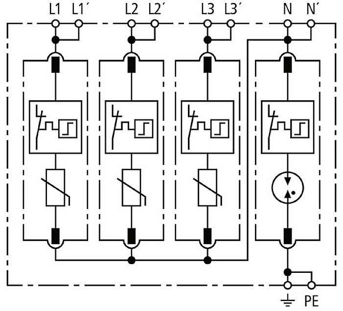 'Schaltplan eines dreiphasigen Schutzschalters mit vier Schaltkreisen, gekennzeichnet als L1, L2, L3 und N, sowie PE-Anschluss.'