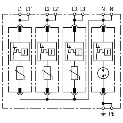 'Schaltplan eines dreiphasigen Schutzschalters mit vier Schaltkreisen, gekennzeichnet als L1, L2, L3 und N, sowie PE-Anschluss.'
