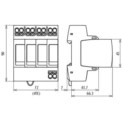 'Schaltplan für ein elektrisches Gerät, 90 mm hoch, 72 mm breit, mit 4 Einheiten (4TE). Zeigt Vorder- und Seitenansicht mit Maßen.'