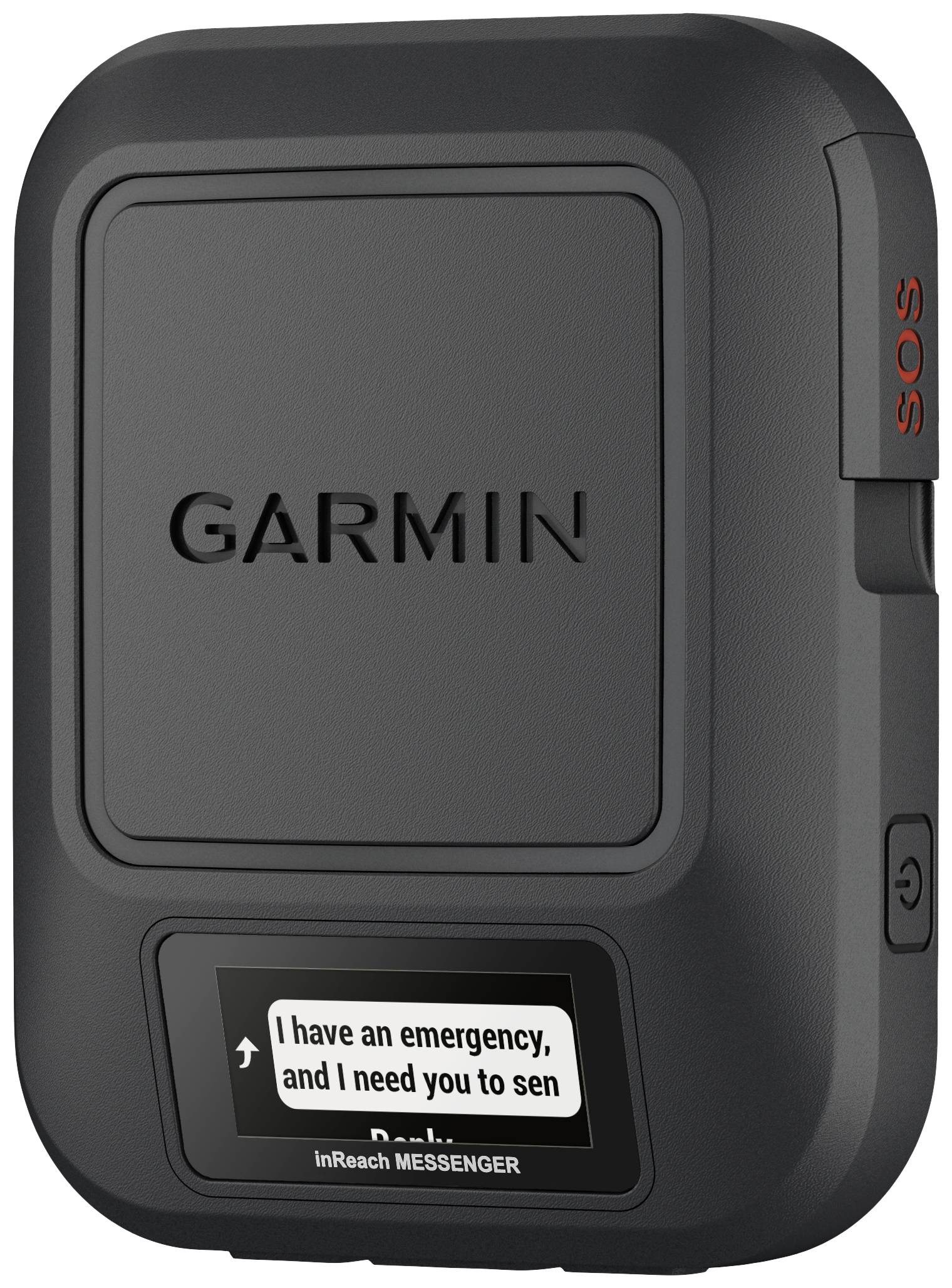 Ein tragbares Garmin-SOS-Gerät mit Bildschirm, der die Nachricht 'I have an emergency, and I need you to sen' zeigt.