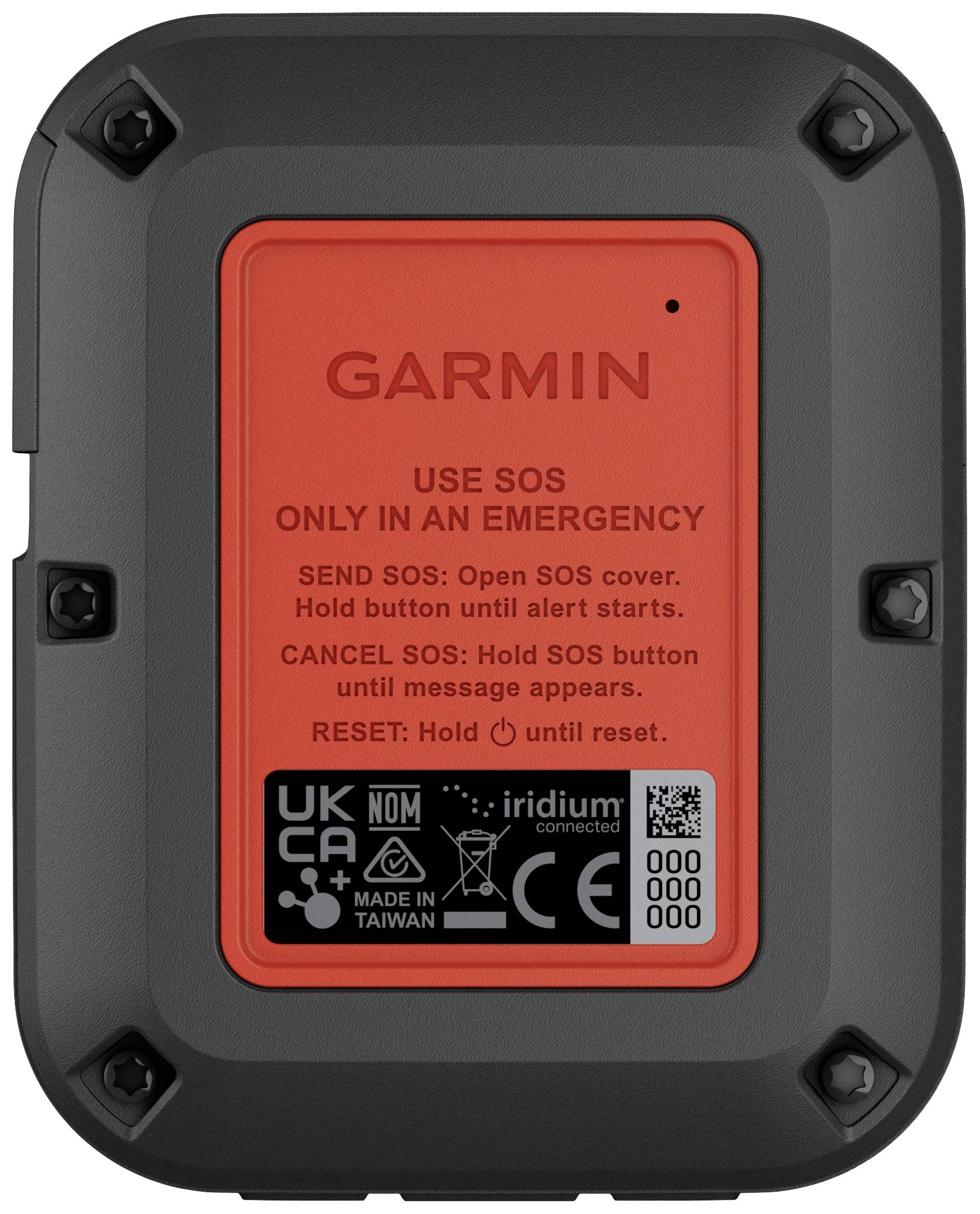 Ein Garmin-Notfallgerät mit roter SOS-Taste. Warnhinweis 'USE SOS ONLY IN AN EMERGENCY'. Enthält Anweisungen zum SOS-Senden und Abbrechen.