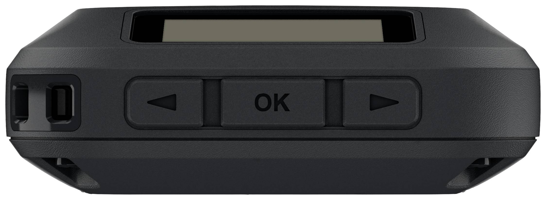 Elektronisches Gerät mit schwarzer Umrandung und einem kleinen Display. Drei Tasten sind sichtbar: zwei Pfeiltasten und 'OK' in der Mitte.