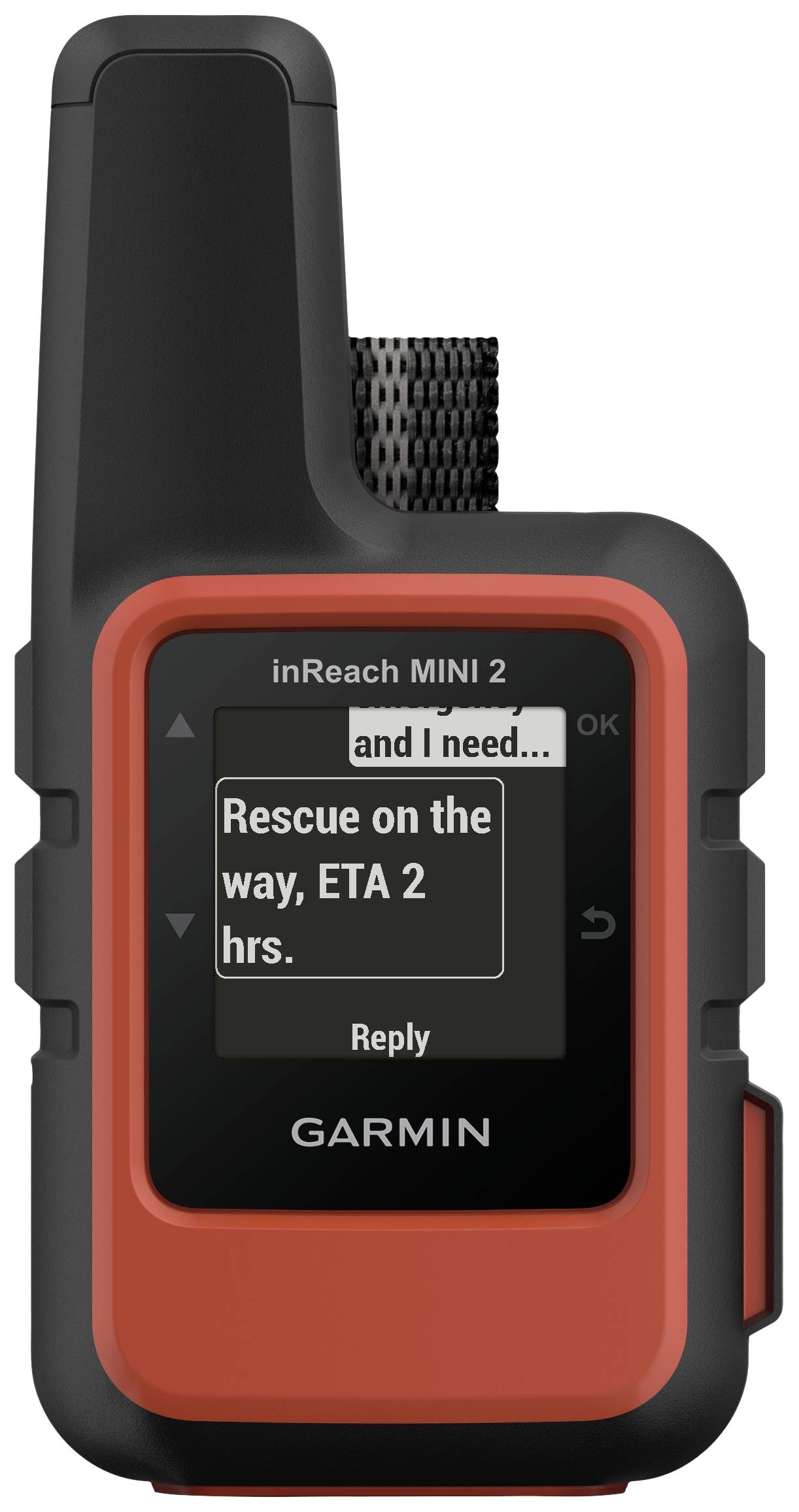 Ein Kommunikationsgerät mit Display zeigt den Text 'Rescue on the way, ETA 2 hrs.' an. Es hat eine robuste, orangene Hülle.