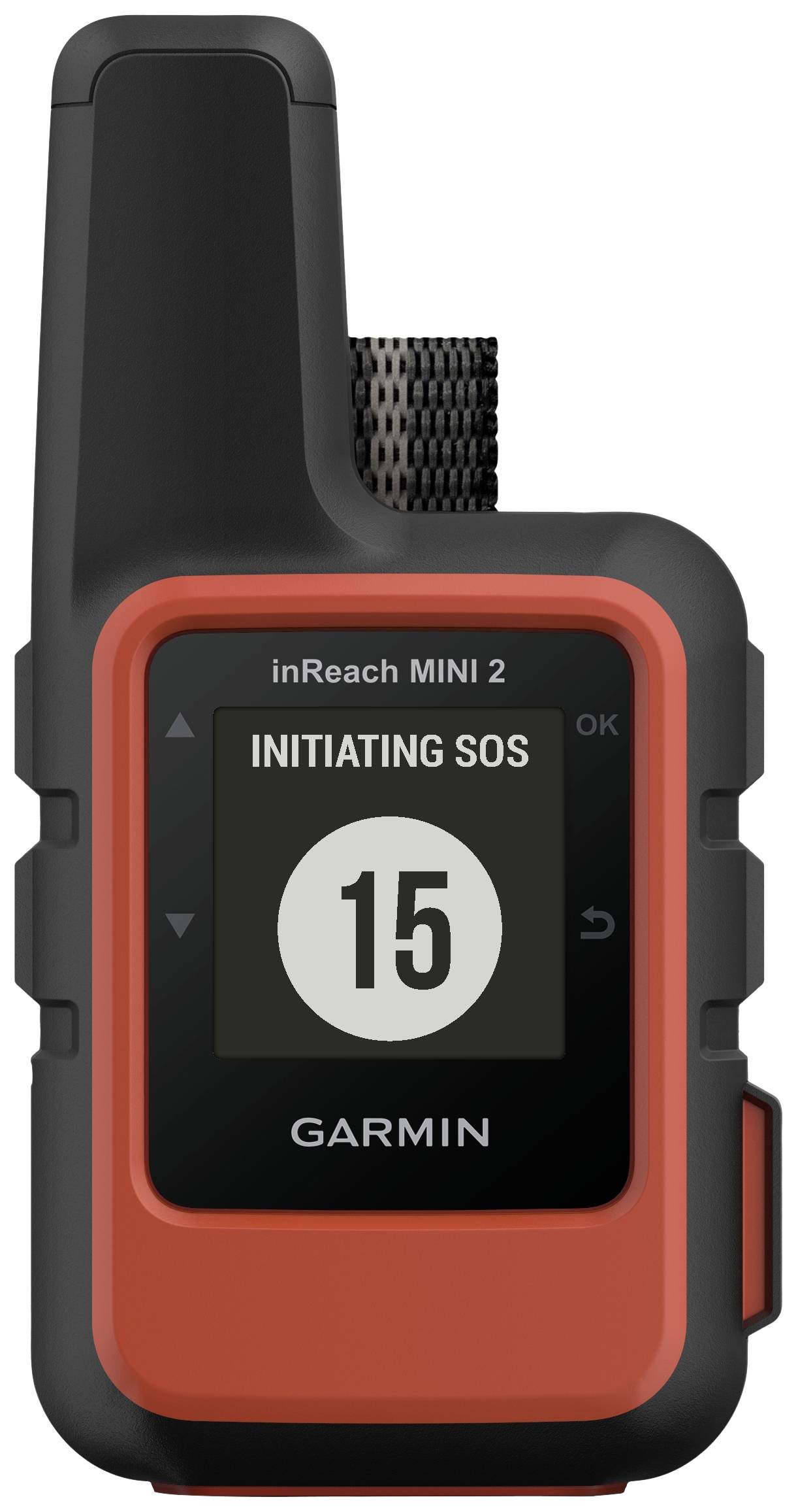 Ein rotes Garmin inReach Mini 2 GPS-Gerät zeigt 'INITIATING SOS' auf dem Bildschirm an.