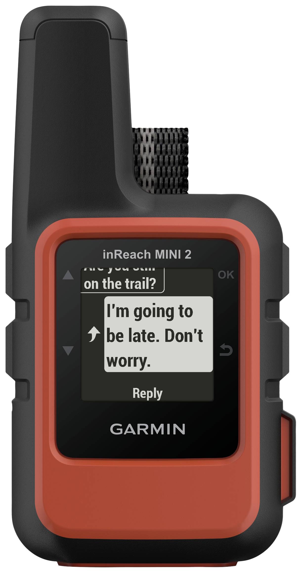 Ein rotes GPS-Gerät mit Display, das eine Nachricht zeigt: 'I'm going to be late. Don't worry.' Markenname darunter.