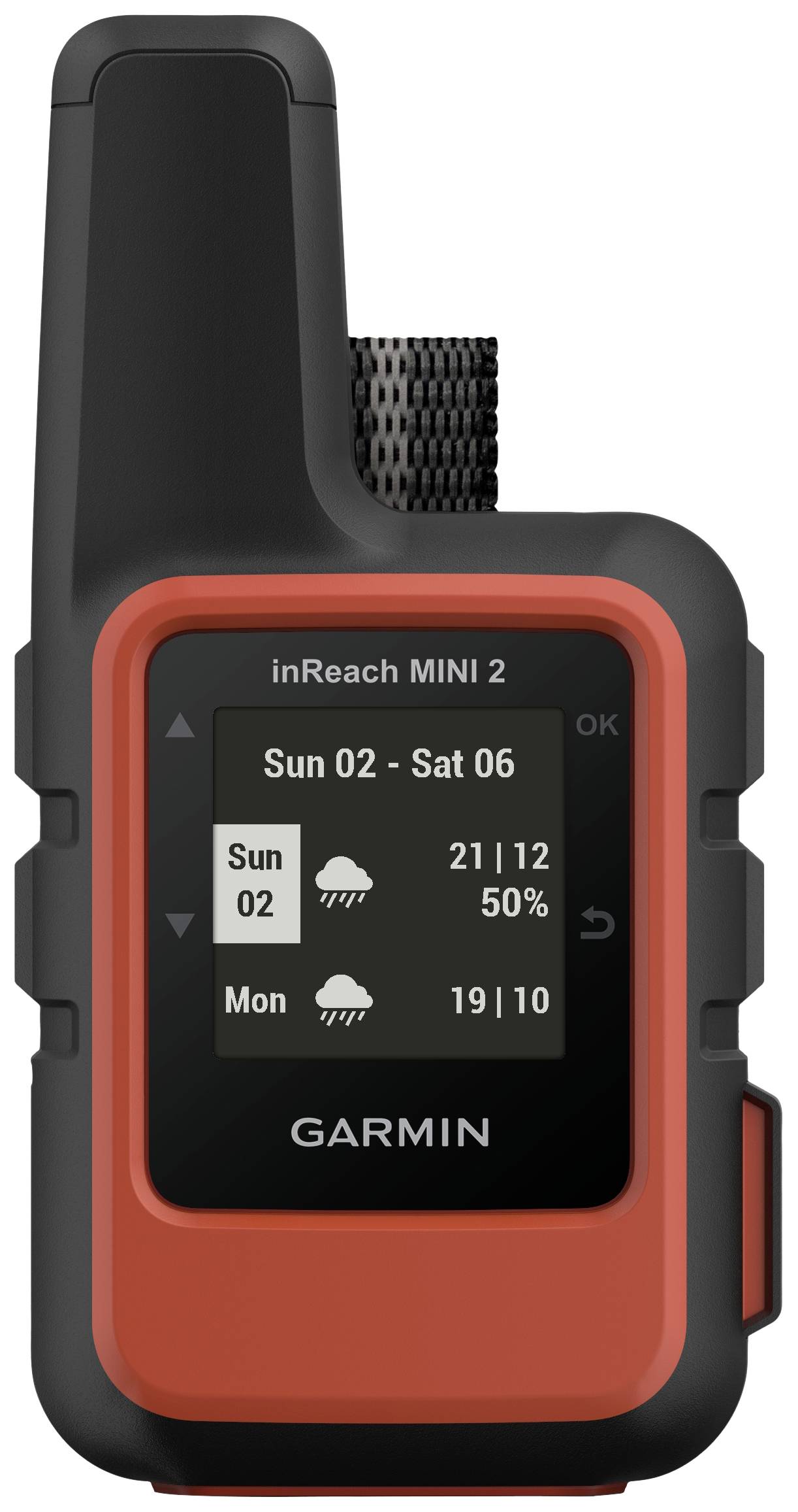 Ein tragbares GPS-Gerät mit Bildschirm, das Wetterinformationen für Sonntag und Montag anzeigt, inkl. Temperaturen und Regenwahrscheinlichkeit.