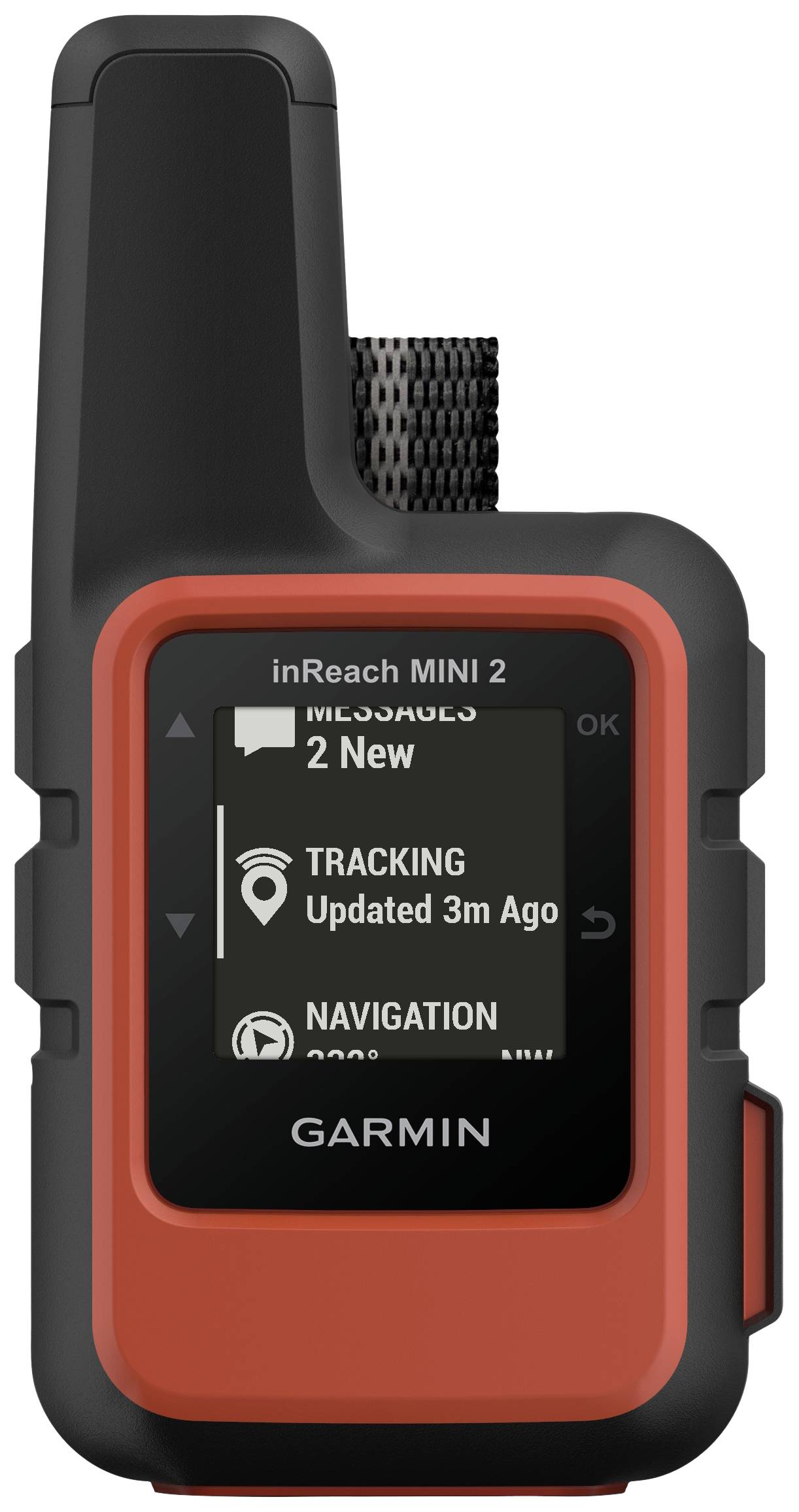 Ein kompakter, roter Garmin inReach Mini 2 GPS-Satellitenkommunikator zeigt auf dem Bildschirm 'TRACKING Updated 3m Ago'.
