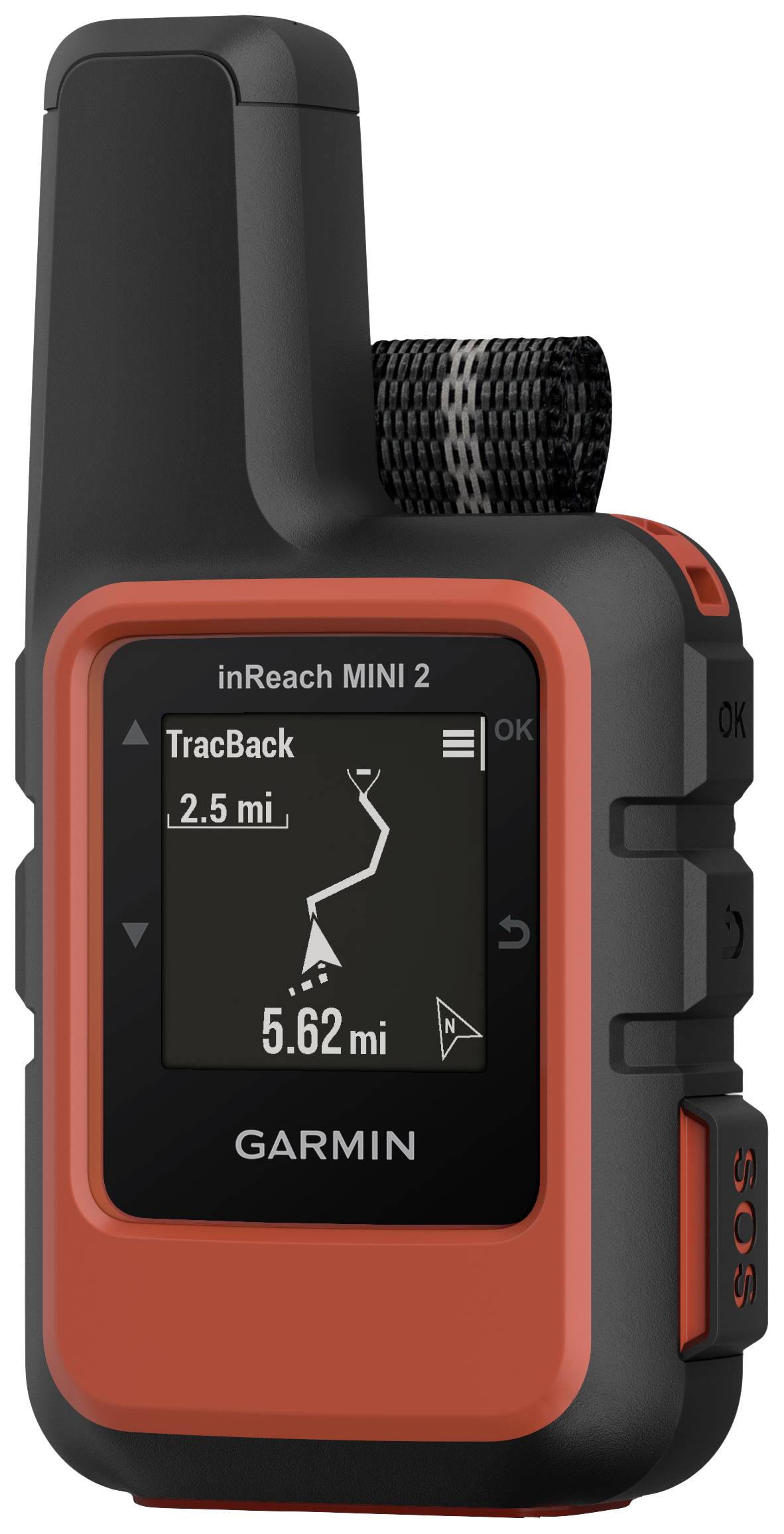 Ein rotes Handgerät von Garmin mit Display, das Route und Entfernung anzeigt. Oben eine Antenne, seitlich ein 'SOS'-Knopf.