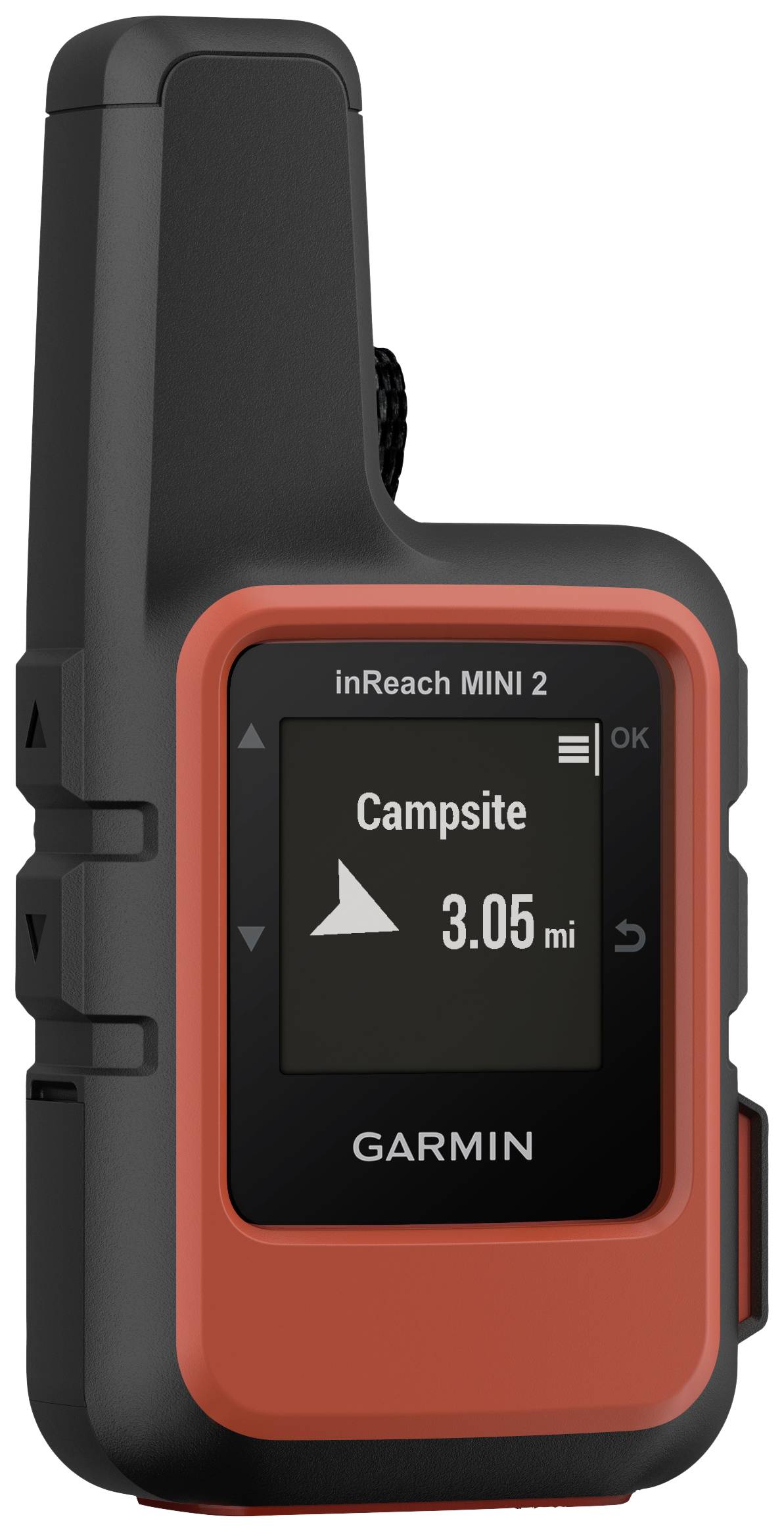 Handheld GPS-Gerät inReach MINI 2 von Garmin mit einem Display, das 'Campsite 3.05 mi' anzeigt, in rotem und schwarzem Gehäuse.