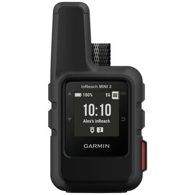 Schwarzes GPS-Gerät mit Display, zeigt '10:10' und 'Alex's inReach'. Markenname unten. Gerät mit Antenne und rotem Knopf rechts.