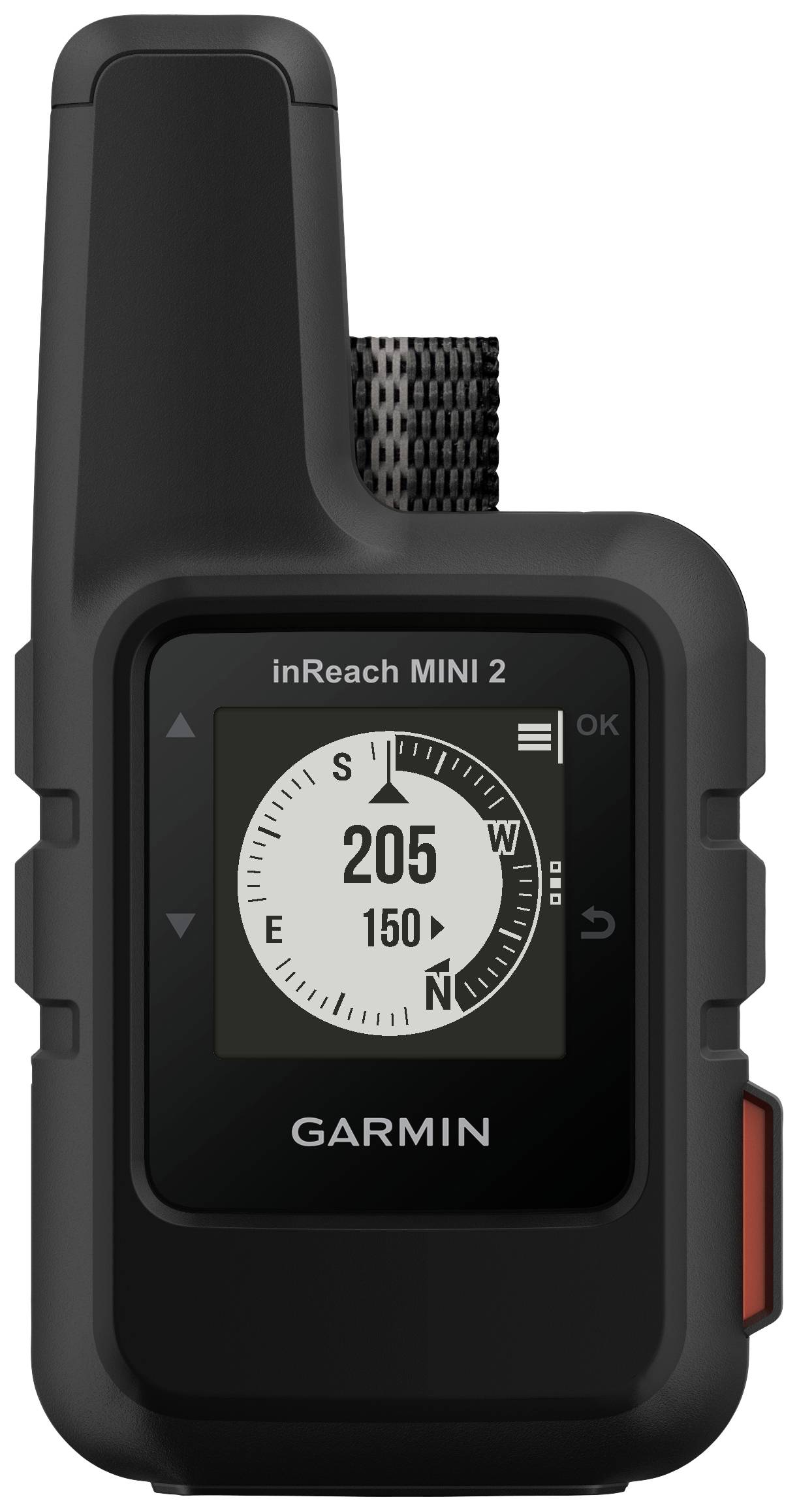 Ein schwarzes Garmin inReach Mini 2 Gerät mit Satellitenkommunikation, zeigt Himmelsrichtung und Entfernung auf dem Bildschirm an.