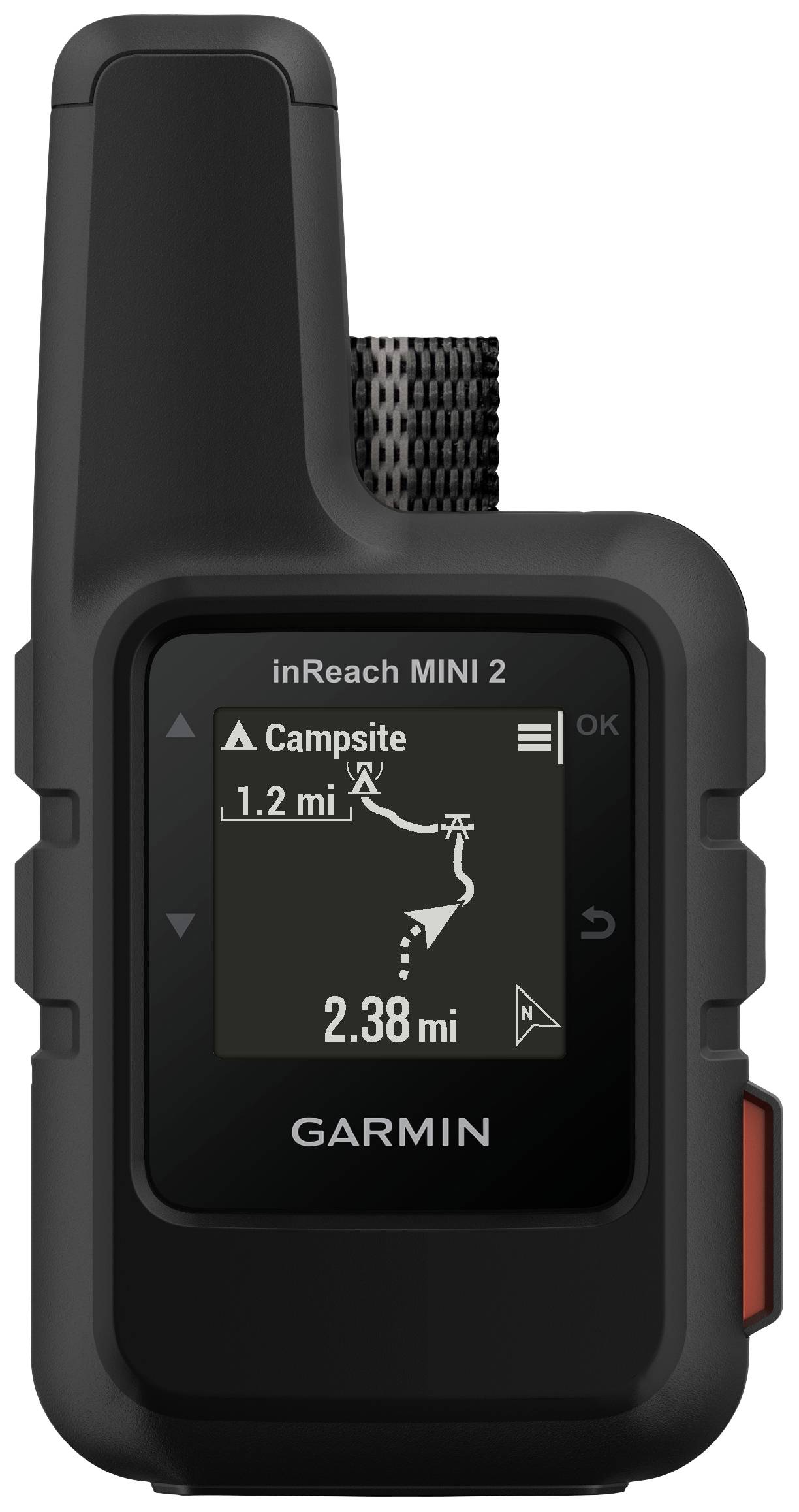 Ein schwarzes GPS-Gerät mit Display zeigt den Weg zu einem Ziel mit 'Campsite 1,2 mi' und '2.38 mi'. Marke: Garmin inReach MINI 2.