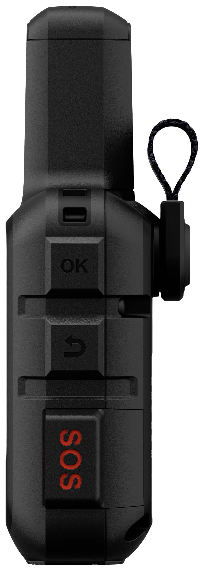 Ein Gerät mit einem SOS-Knopf und mehreren Bedienknöpfen, seitlich dargestellt. Es hat eine schwarze mattierte Oberfläche.